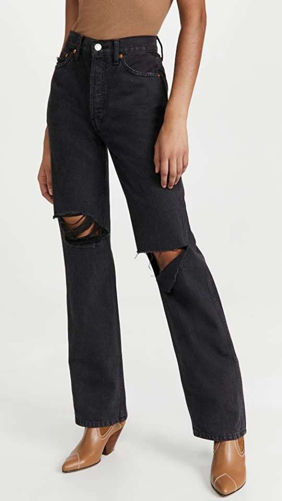 Straight Leg Jeans * | Best Reviews Of Re/Done High Rise Rigid Loose Jean Washed Black With Rips