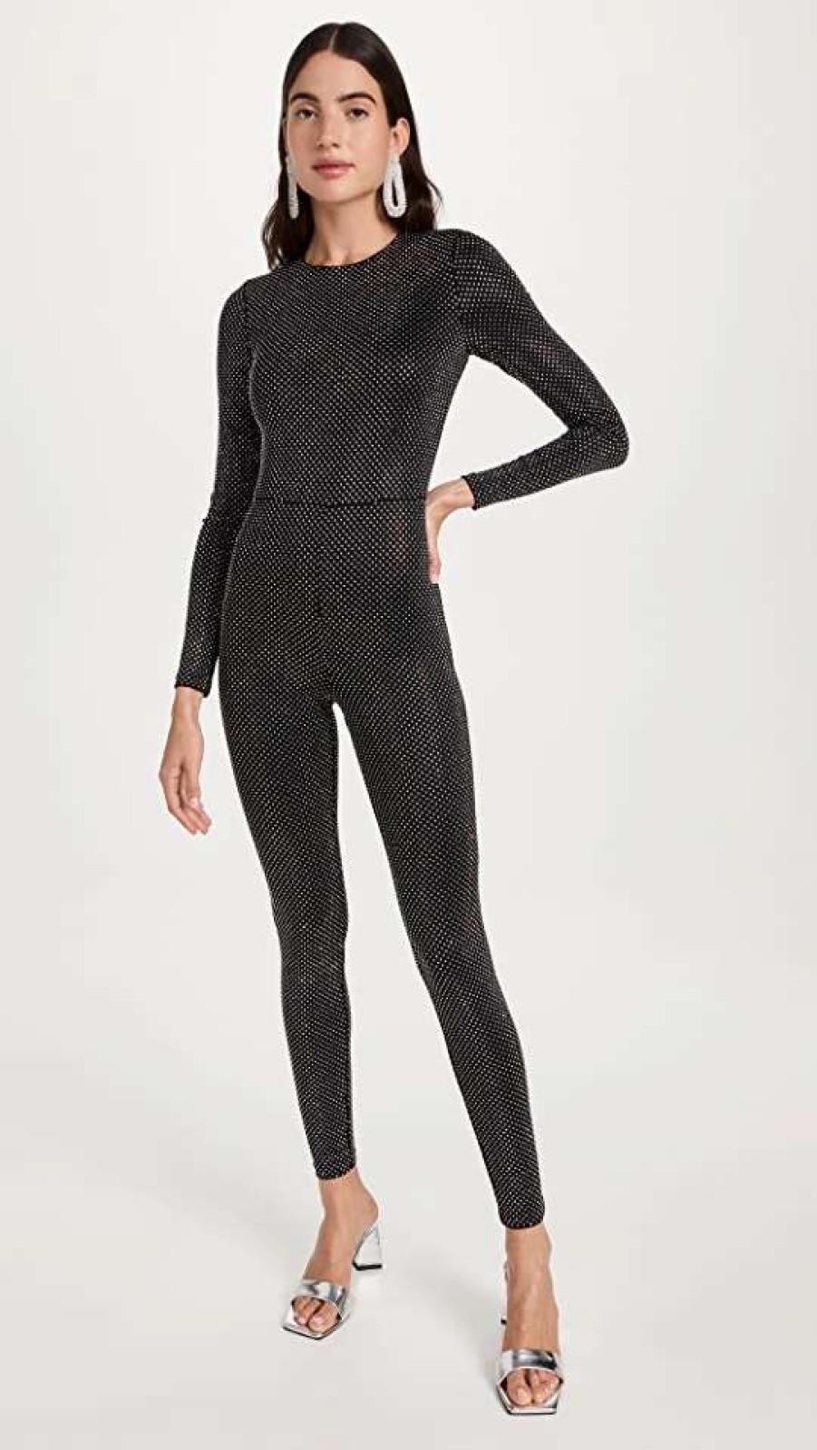 Jumpsuits * | Cheap Alice + Olivia Freddie Crewneck Embellished Catsuit Black/Silver