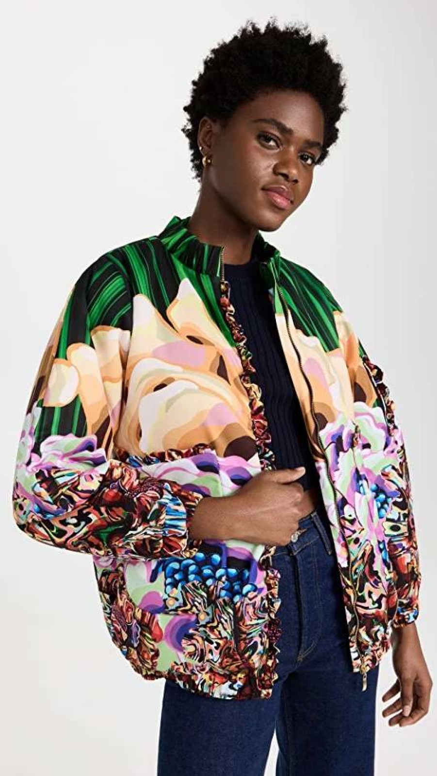 Utility * | Discount Kika Vargas Yayoi Bomber Jacket Green Flower Swirl