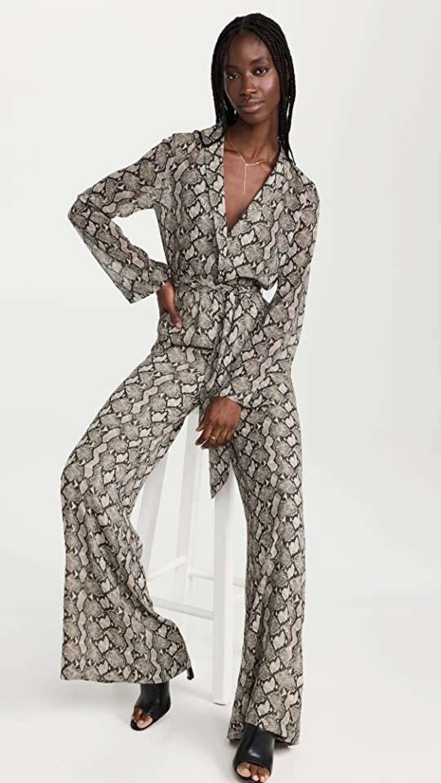 Jumpsuits * | Brand New L'Agence Echo Shawl Collar Jumpsuit Sage Mlti Paloma Snake