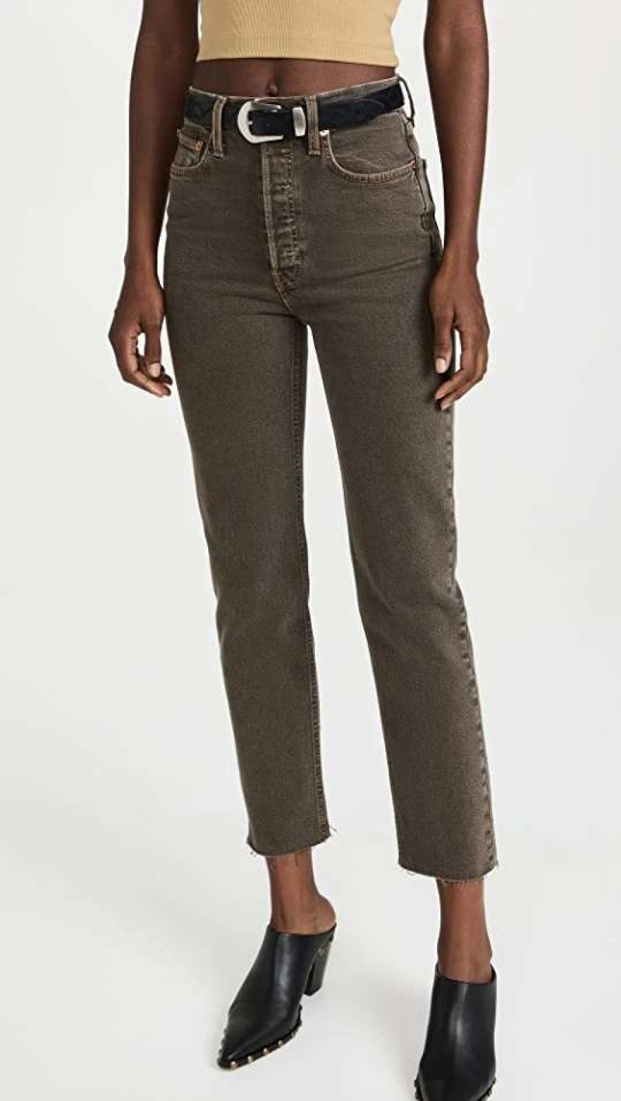 Straight Leg Jeans * | Budget Re/Done 70S Ultra High Rise Stove Pipe Jeans Washed Chocolate