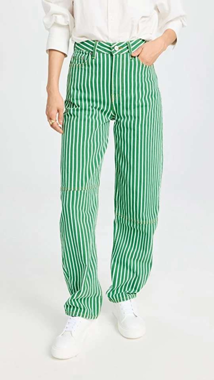 Straight Leg Jeans * | Flash Sale Ganni Stripe Denim Stary Jeans Kelly Green